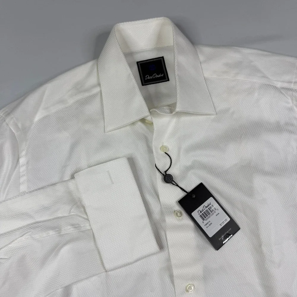 David Donahue Dress Shirt Mens 15 32/33 White Textured French Cuff Cotton NEW